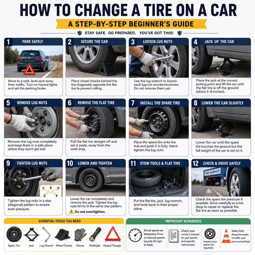 how to change a tire on a car step by step guide